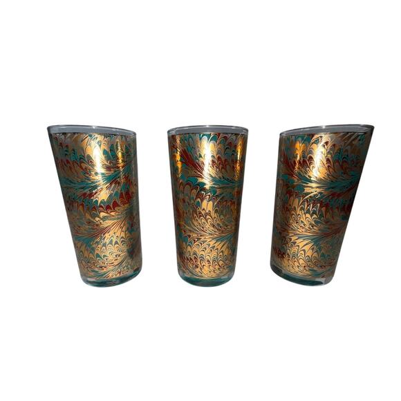Vtg MCM Culver 12 Oz Marble Teal Double Highball Tumbler Glass 22K Gold Set 3 - Picture 4 of 8